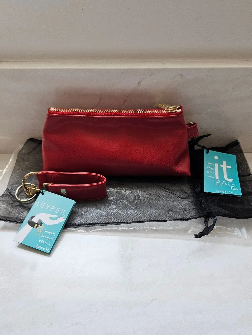 KEYPER Luxe Red Vegan Leather 2- Piece Wristlet Set with Gold Hardware